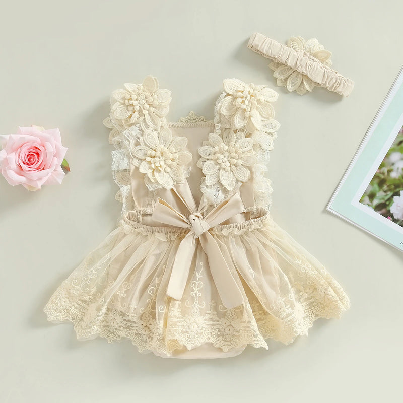 Conjunto Body Vestido Infantil Rendado + Faixa Floral